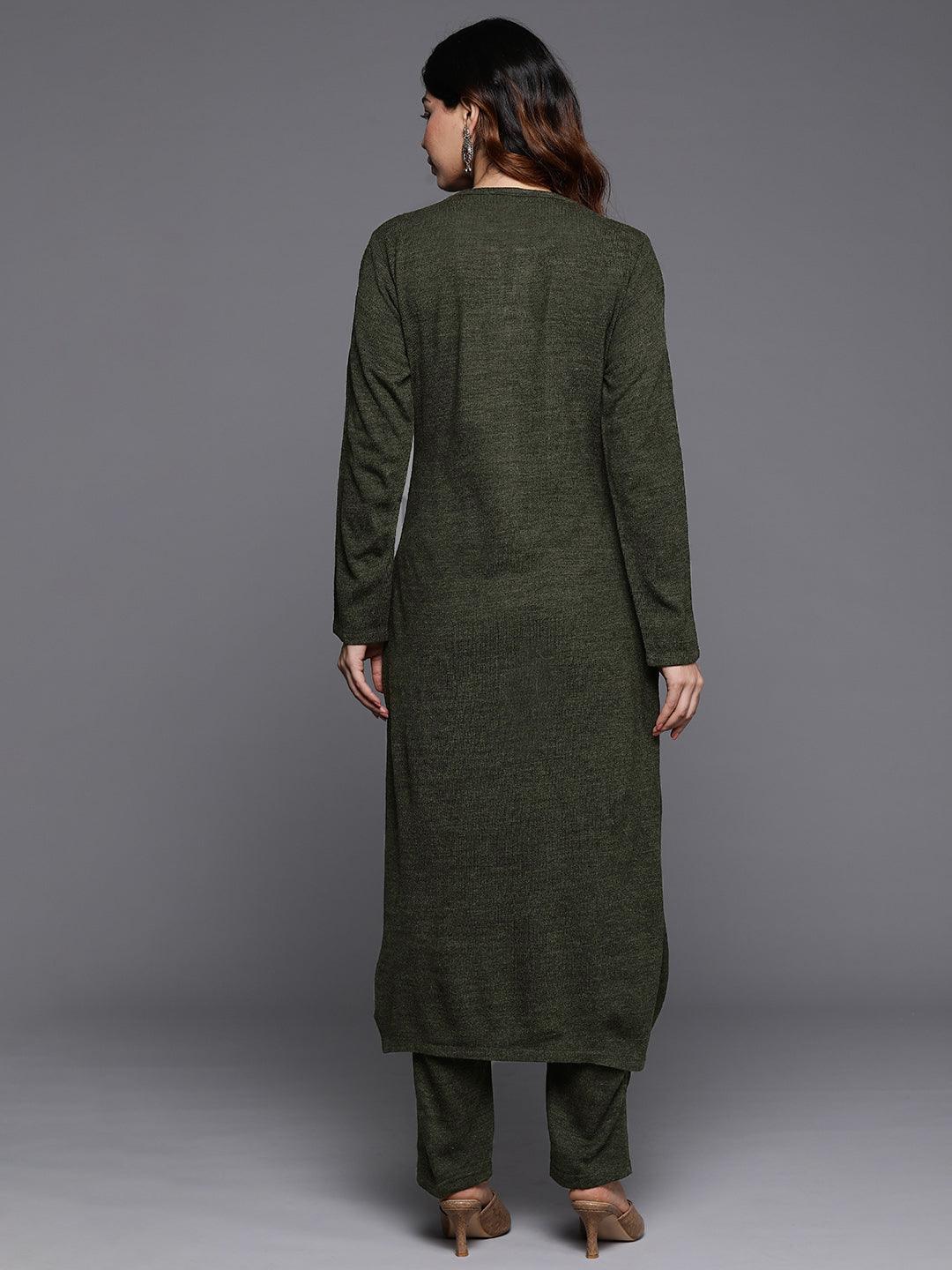 Olive Yoke Design Wool Straight Kurta With Trousers - ShopLibas