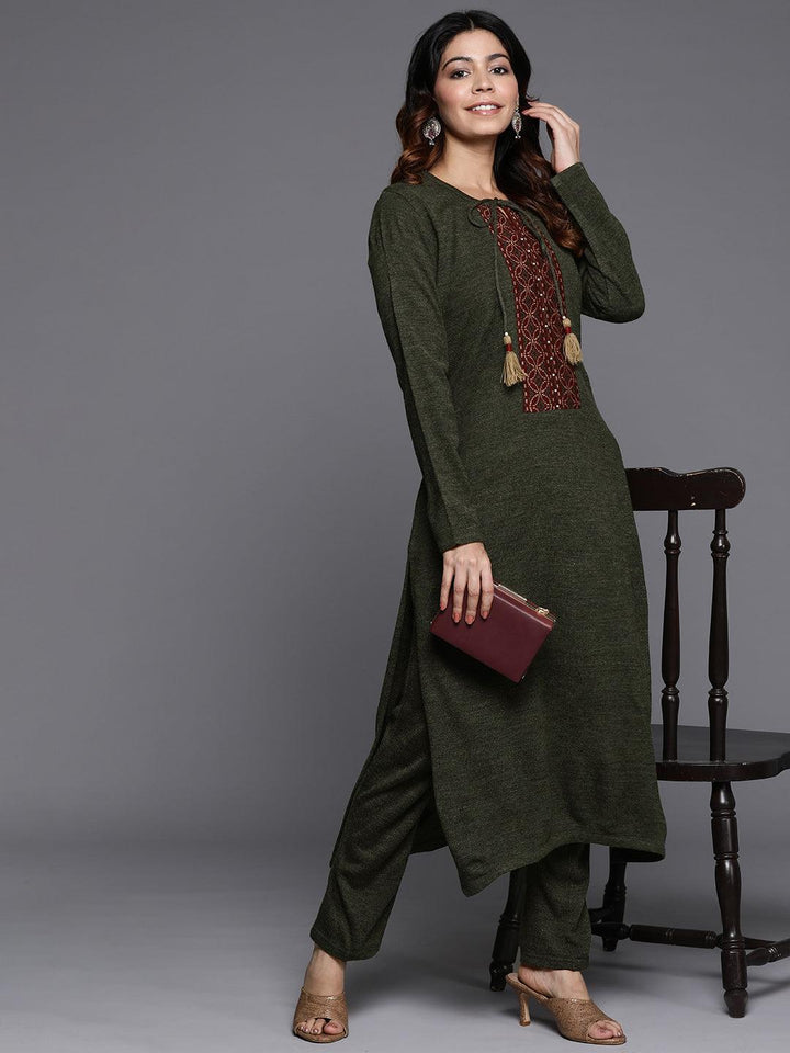 Olive Yoke Design Wool Straight Kurta With Trousers - ShopLibas