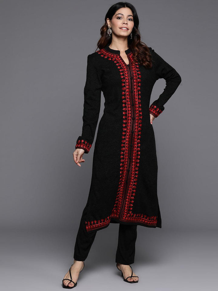 Black Embroidered Wool Straight Kurta With Trousers - ShopLibas