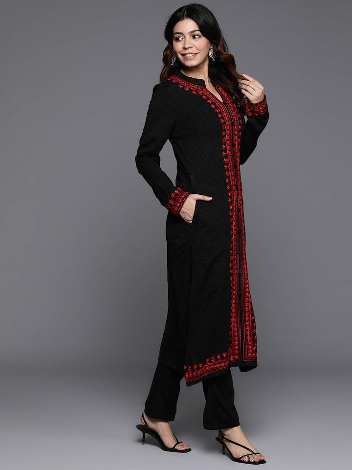 Black Embroidered Wool Straight Kurta With Trousers - ShopLibas