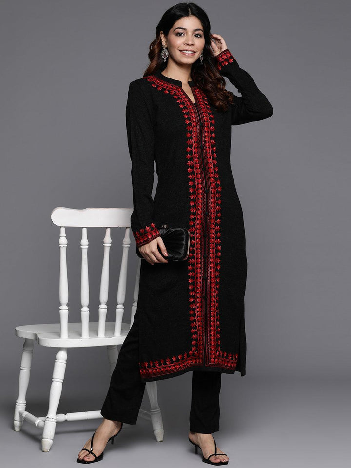 Black Embroidered Wool Straight Kurta With Trousers - ShopLibas