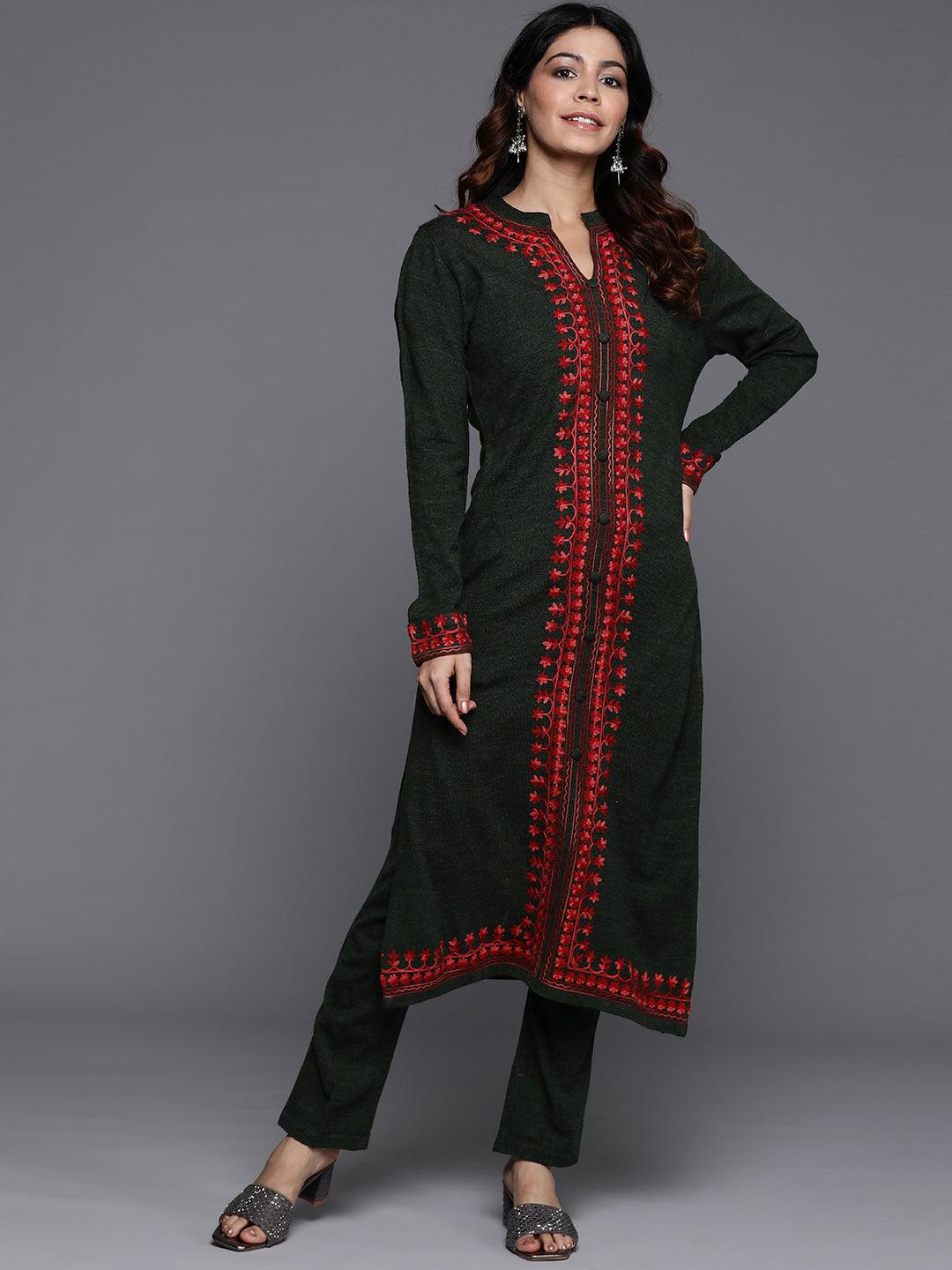 Green Embroidered Wool Straight Kurta With Trousers - ShopLibas