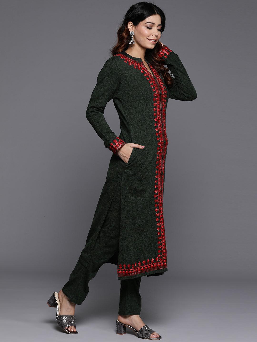 Green Embroidered Wool Straight Kurta With Trousers - ShopLibas