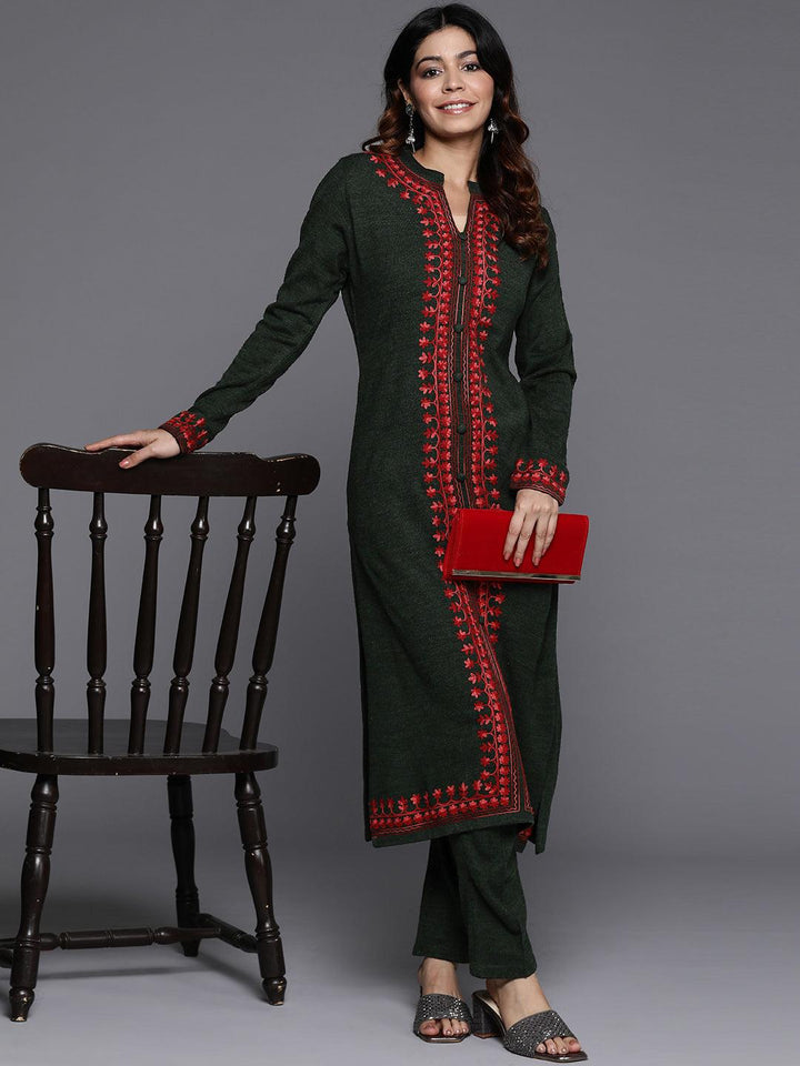 Green Embroidered Wool Straight Kurta With Trousers - ShopLibas