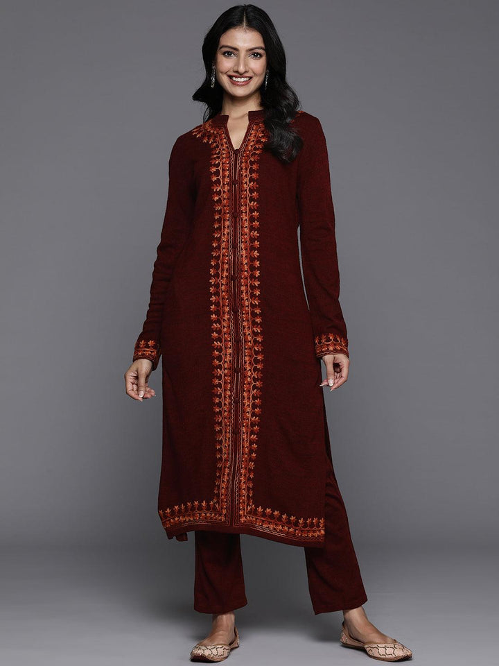 Maroon Embroidered Wool Straight Kurta With Trousers - ShopLibas