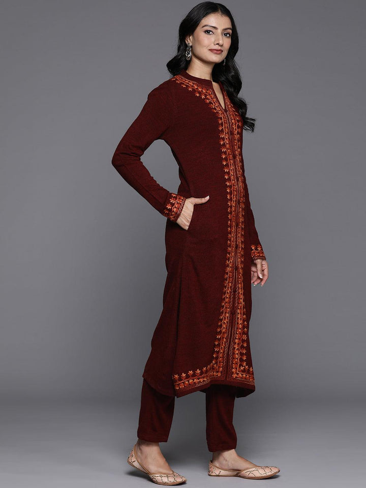 Maroon Embroidered Wool Straight Kurta With Trousers - ShopLibas