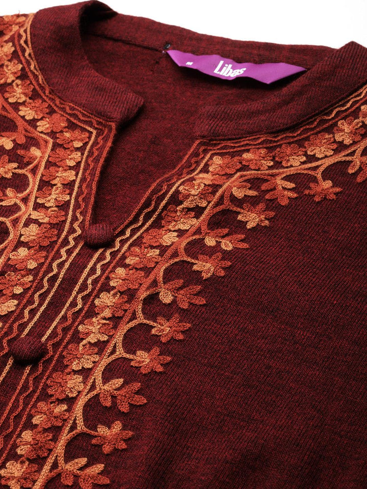 Maroon Embroidered Wool Straight Kurta With Trousers - ShopLibas