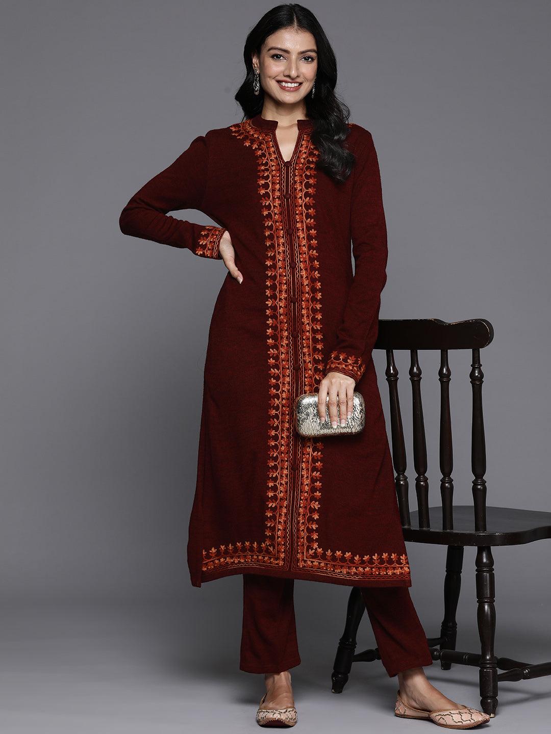 Maroon Embroidered Wool Straight Kurta With Trousers - ShopLibas