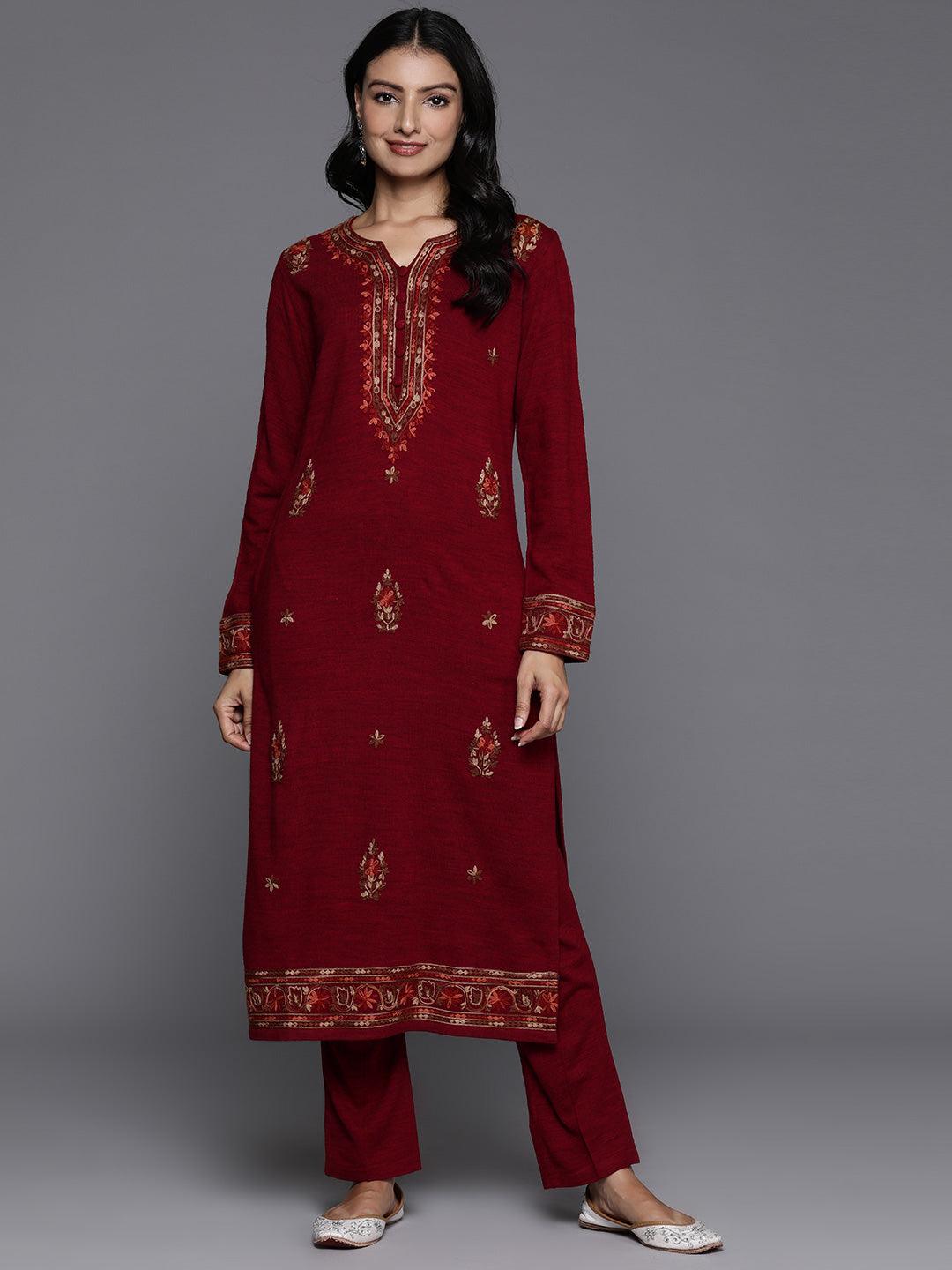 Red Embroidered Wool Straight Kurta With Trousers - ShopLibas