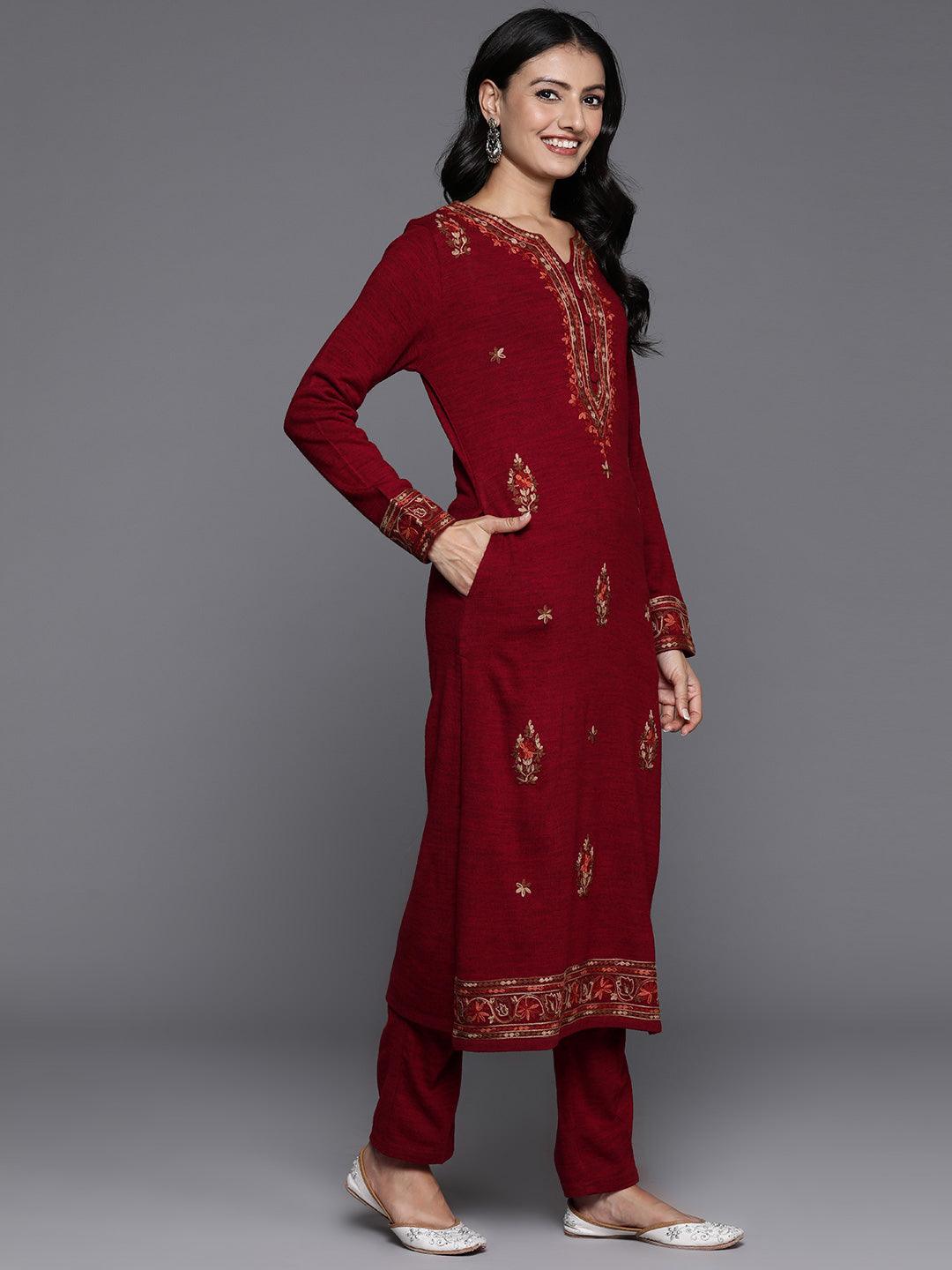 Red Embroidered Wool Straight Kurta With Trousers - ShopLibas