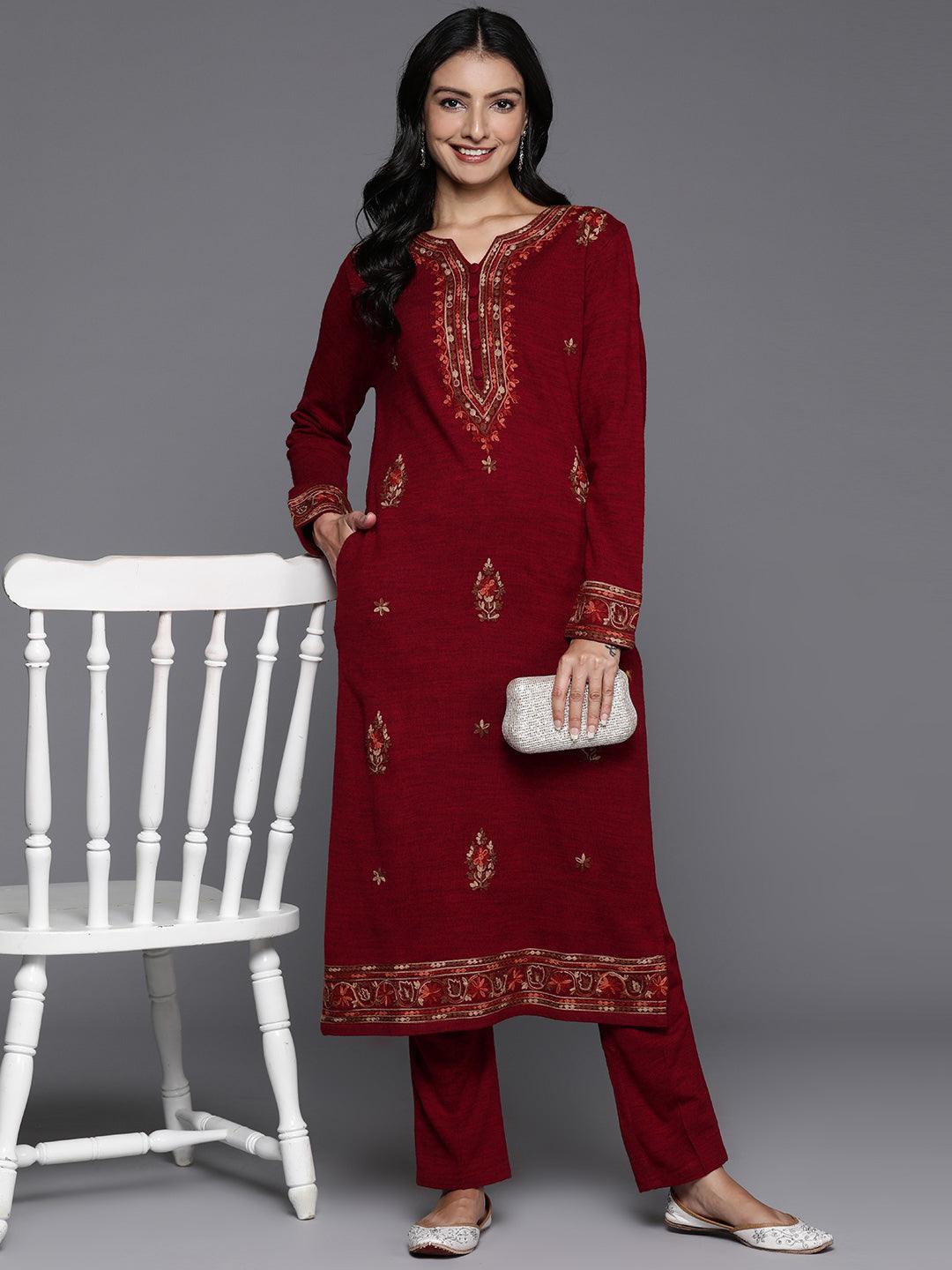 Red Embroidered Wool Straight Kurta With Trousers - ShopLibas