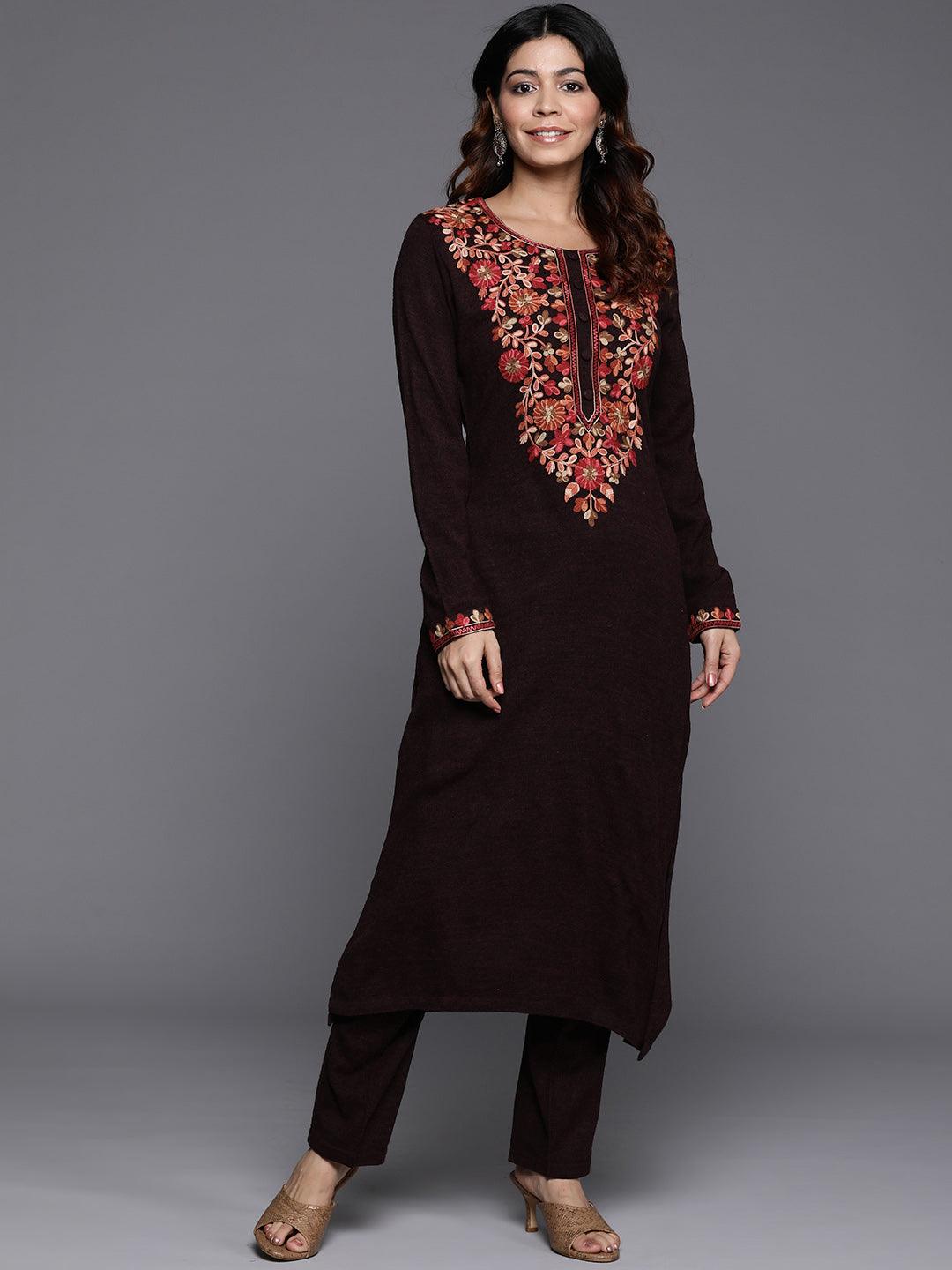 Wine Yoke Design Wool Straight Kurta With Trousers - ShopLibas