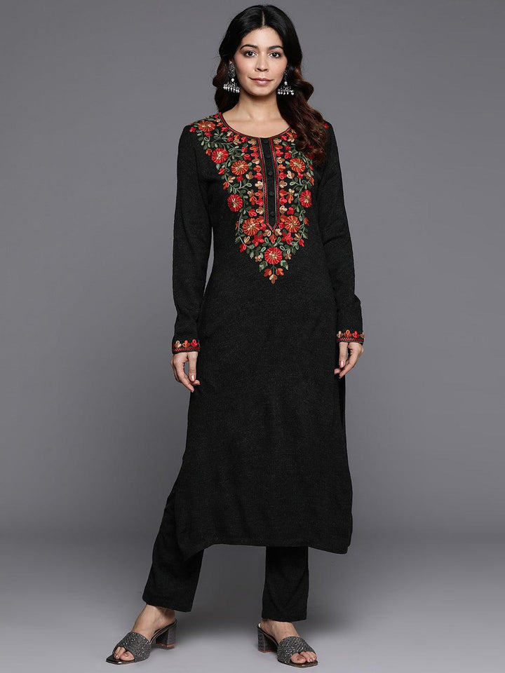 Black Yoke Design Wool Straight Kurta With Trousers - ShopLibas