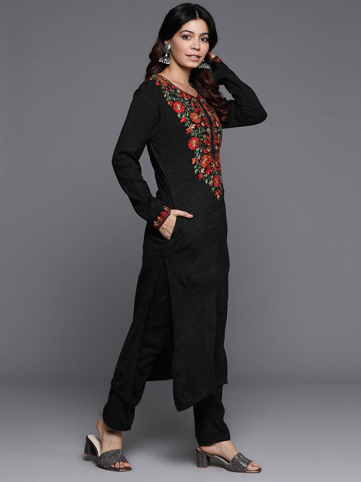 Black Yoke Design Wool Straight Kurta With Trousers - ShopLibas