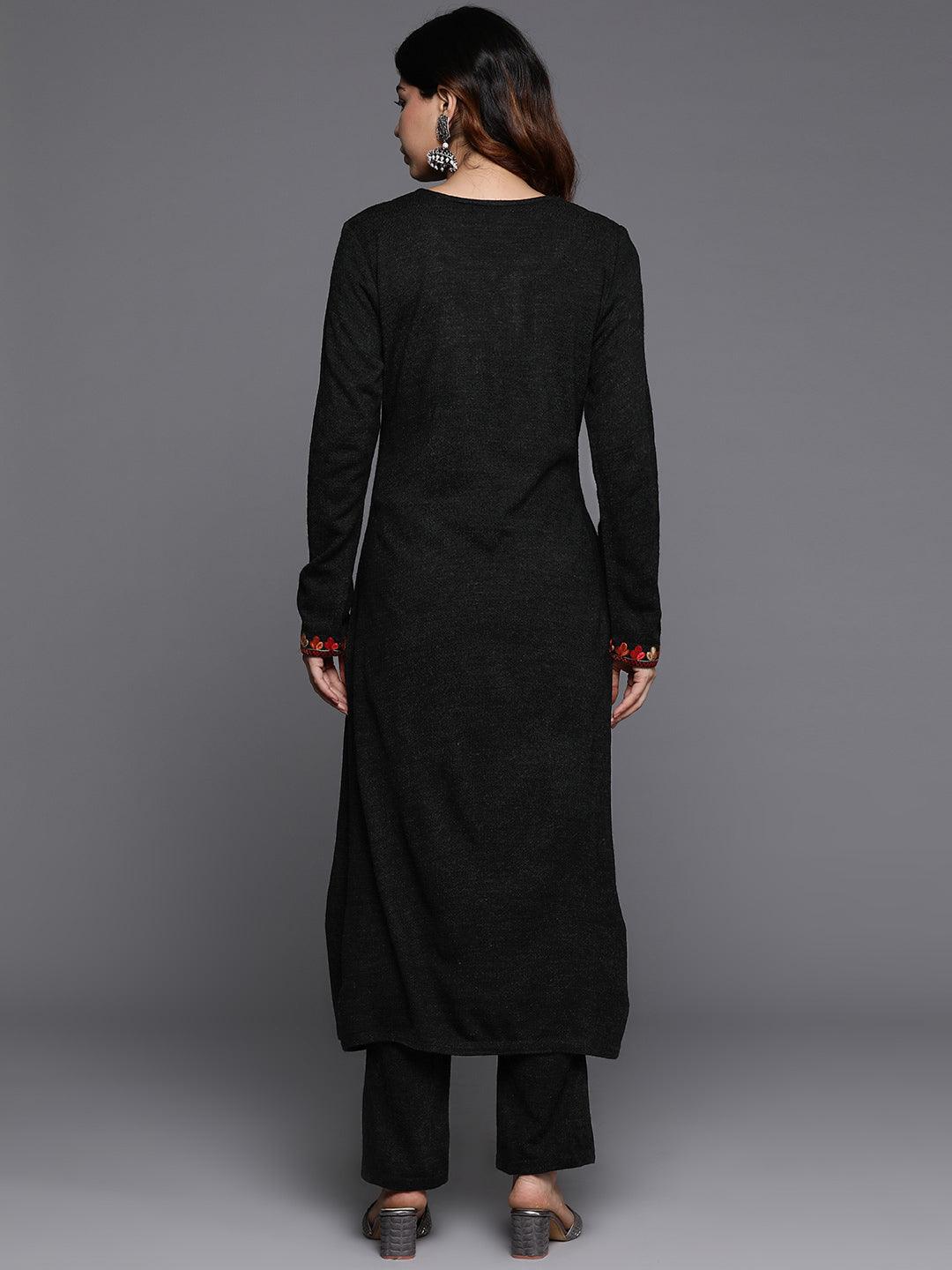 Black Yoke Design Wool Straight Kurta With Trousers - ShopLibas