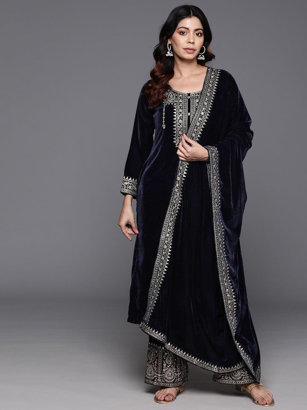 Navy Yoke Design Velvet Straight Kurta With Palazzos & Dupatta - ShopLibas