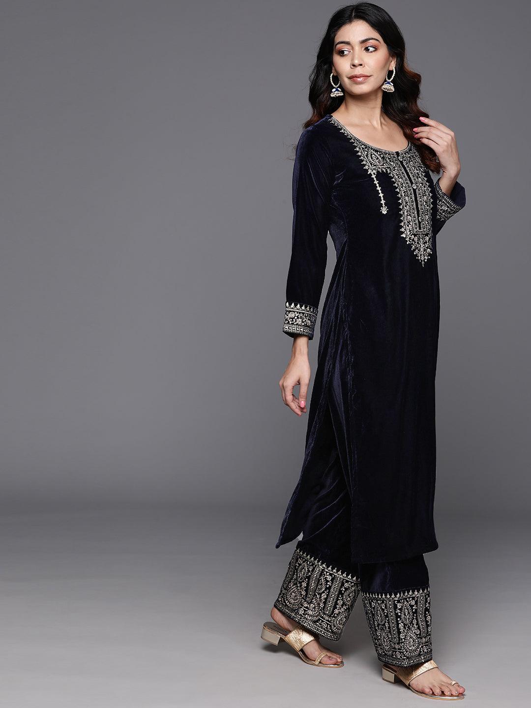 Navy Yoke Design Velvet Straight Kurta With Palazzos & Dupatta - ShopLibas