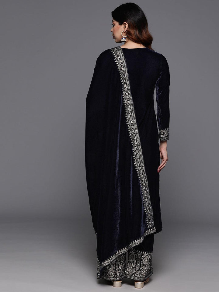 Navy Yoke Design Velvet Straight Kurta With Palazzos & Dupatta - ShopLibas