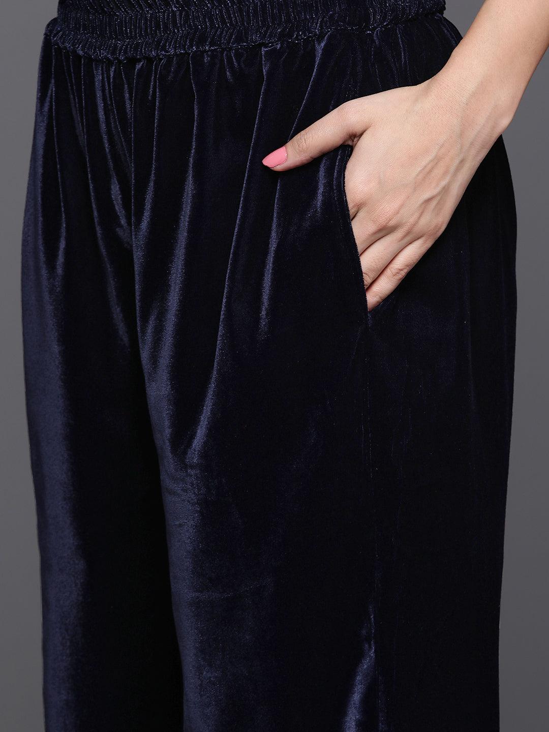 Navy Yoke Design Velvet Straight Kurta With Palazzos & Dupatta - ShopLibas