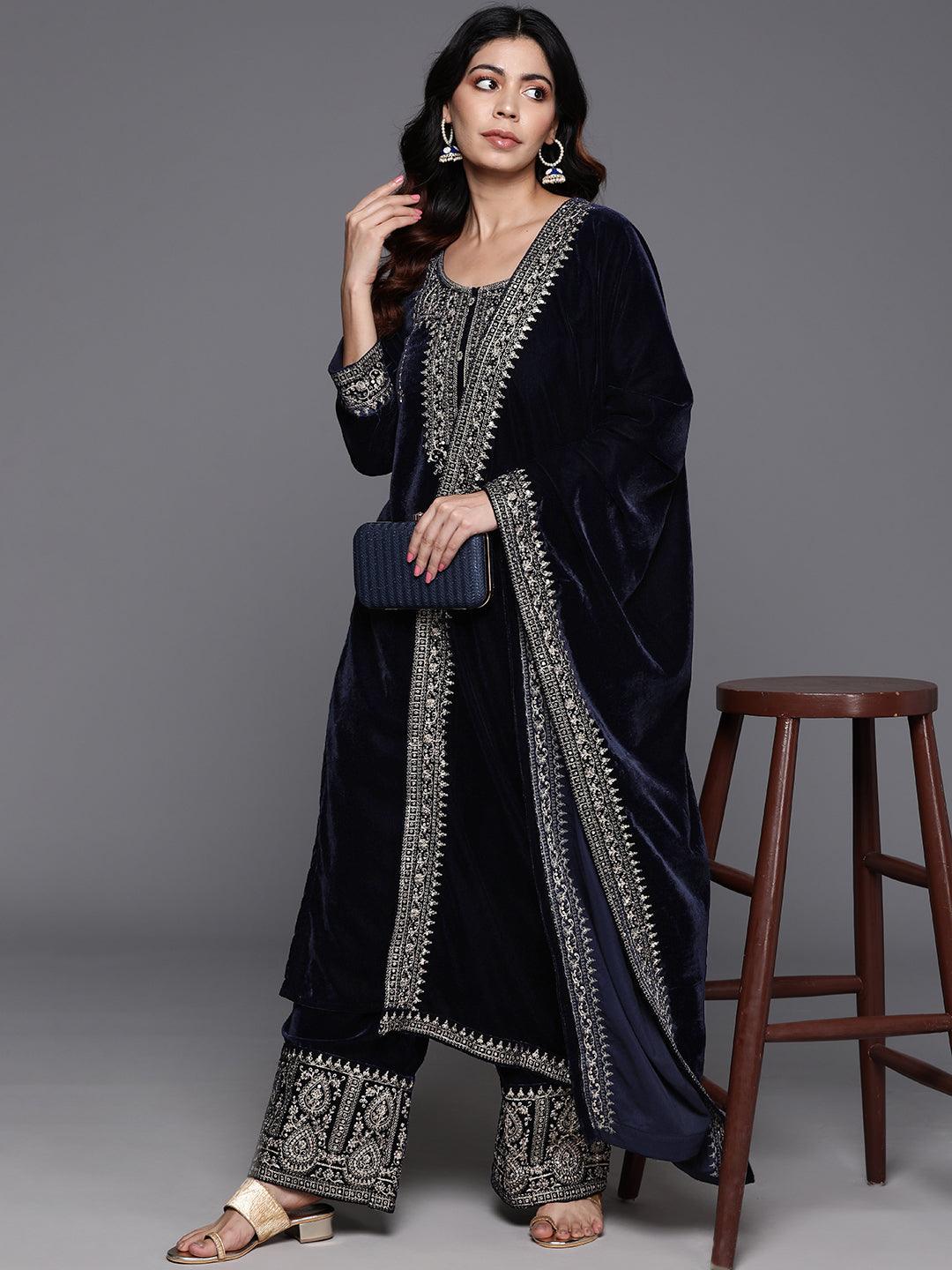 Navy Yoke Design Velvet Straight Kurta With Palazzos & Dupatta - ShopLibas