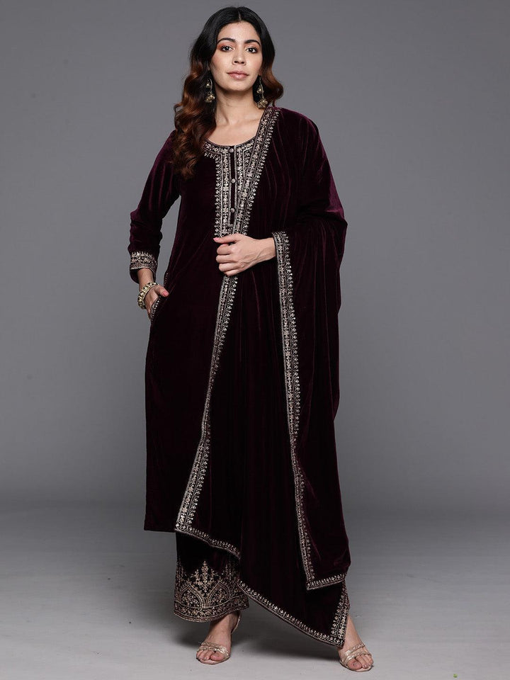 Purple Yoke Design Velvet Straight Kurta With Palazzos & Dupatta - ShopLibas