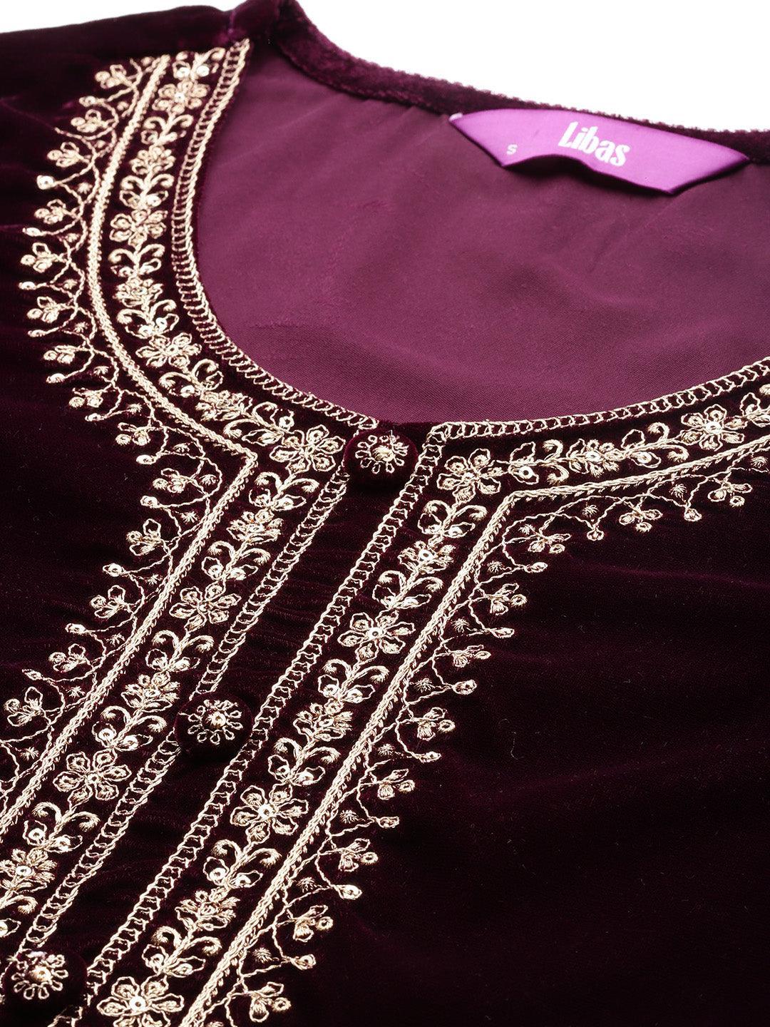 Purple Yoke Design Velvet Straight Kurta With Palazzos & Dupatta - ShopLibas