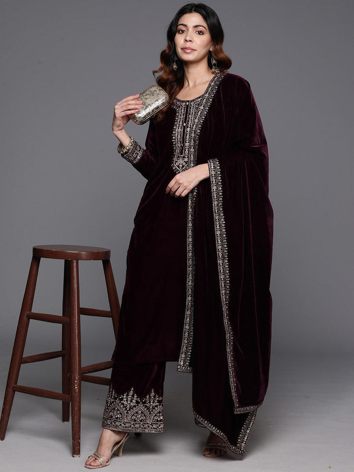 Purple Yoke Design Velvet Straight Kurta With Palazzos & Dupatta - ShopLibas