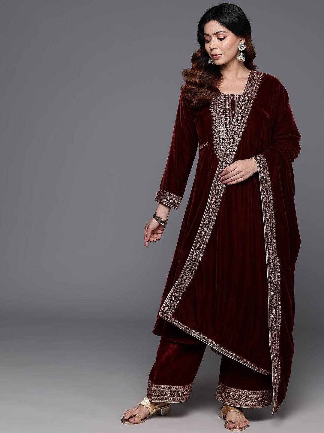 Rust Yoke Design Velvet A-Line Kurta With Palazzos & Dupatta - ShopLibas