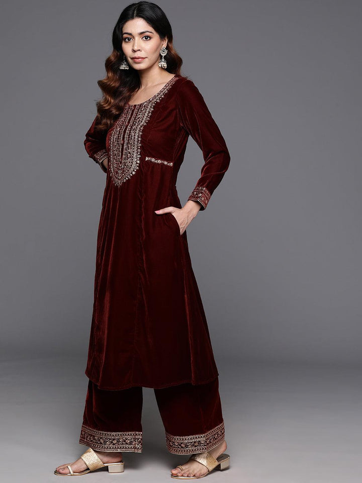 Rust Yoke Design Velvet A-Line Kurta With Palazzos & Dupatta - ShopLibas