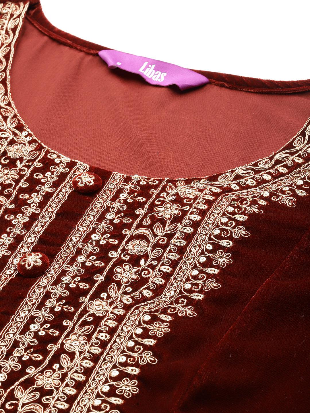 Rust Yoke Design Velvet A-Line Kurta With Palazzos & Dupatta - ShopLibas