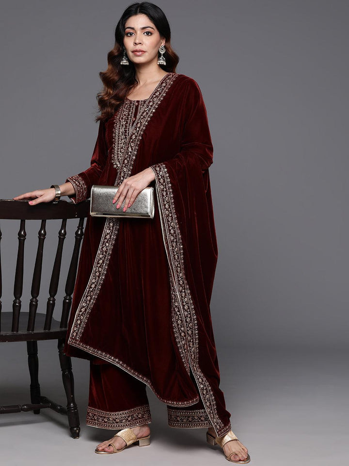 Rust Yoke Design Velvet A-Line Kurta With Palazzos & Dupatta - ShopLibas