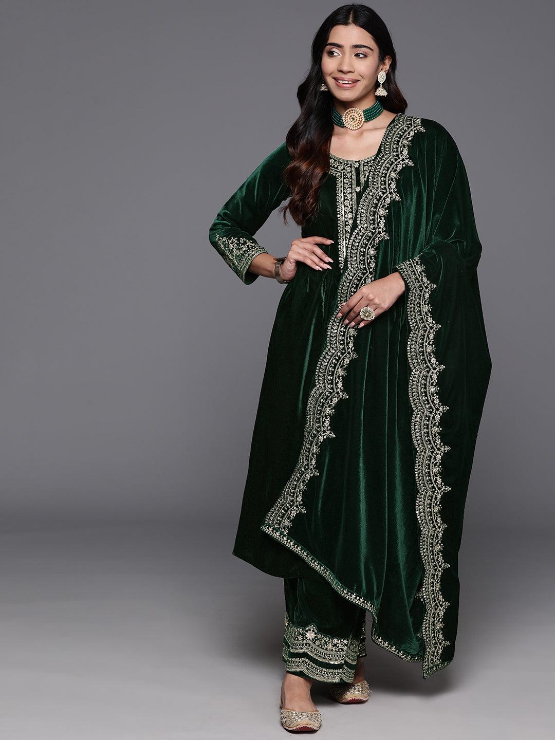 Green Yoke Design Velvet A-Line Kurta With Palazzos & Dupatta - ShopLibas