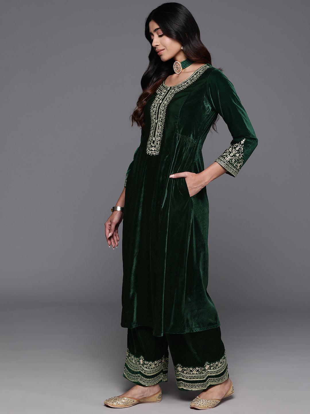 Green Yoke Design Velvet A-Line Kurta With Palazzos & Dupatta - ShopLibas