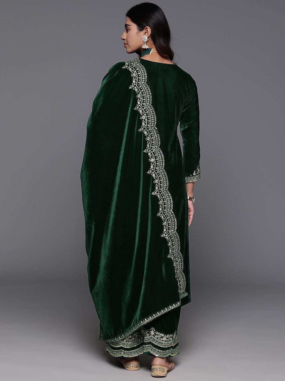 Green Yoke Design Velvet A-Line Kurta With Palazzos & Dupatta - ShopLibas