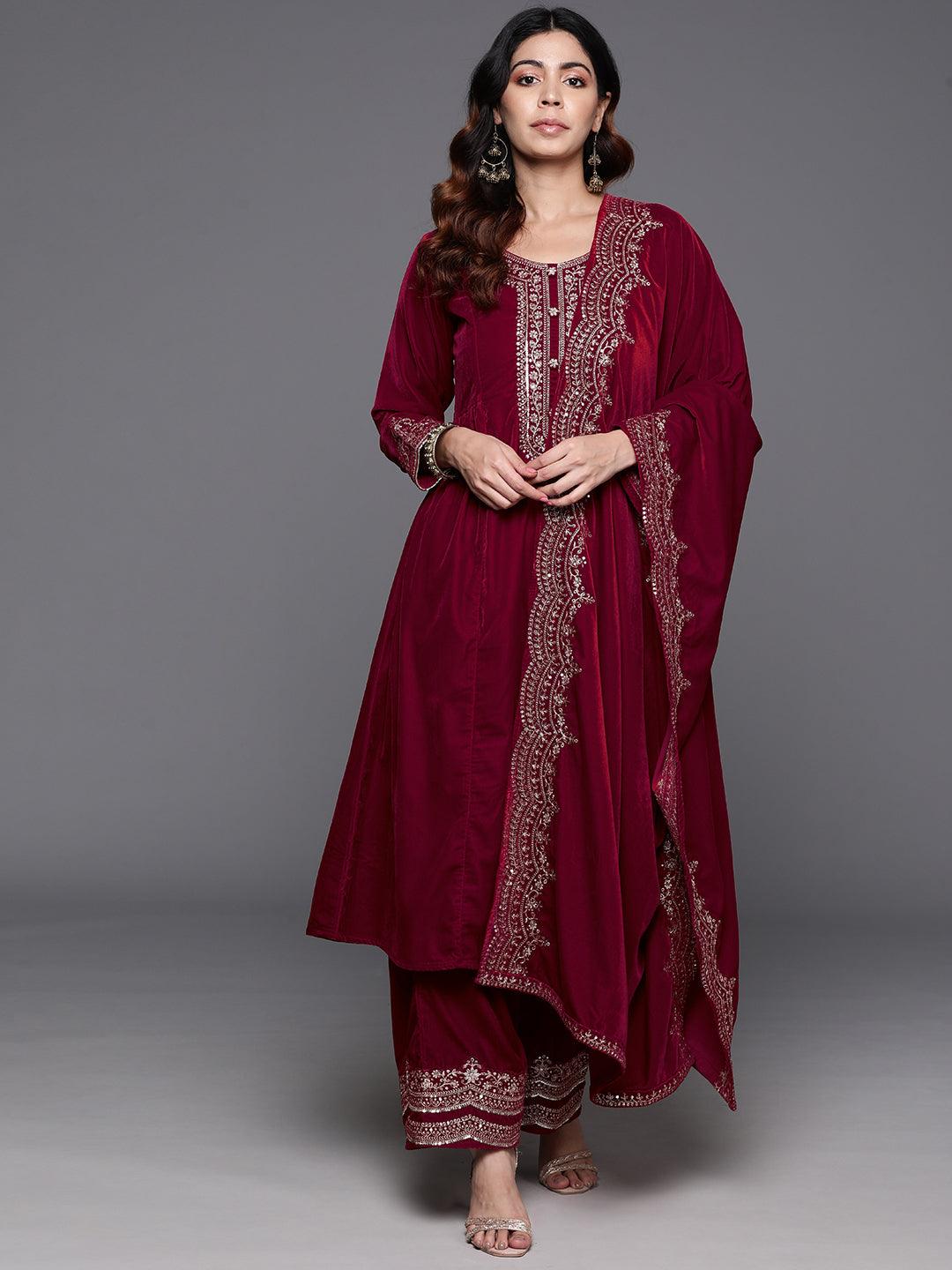 Red Yoke Design Velvet A-Line Kurta With Palazzos & Dupatta - ShopLibas