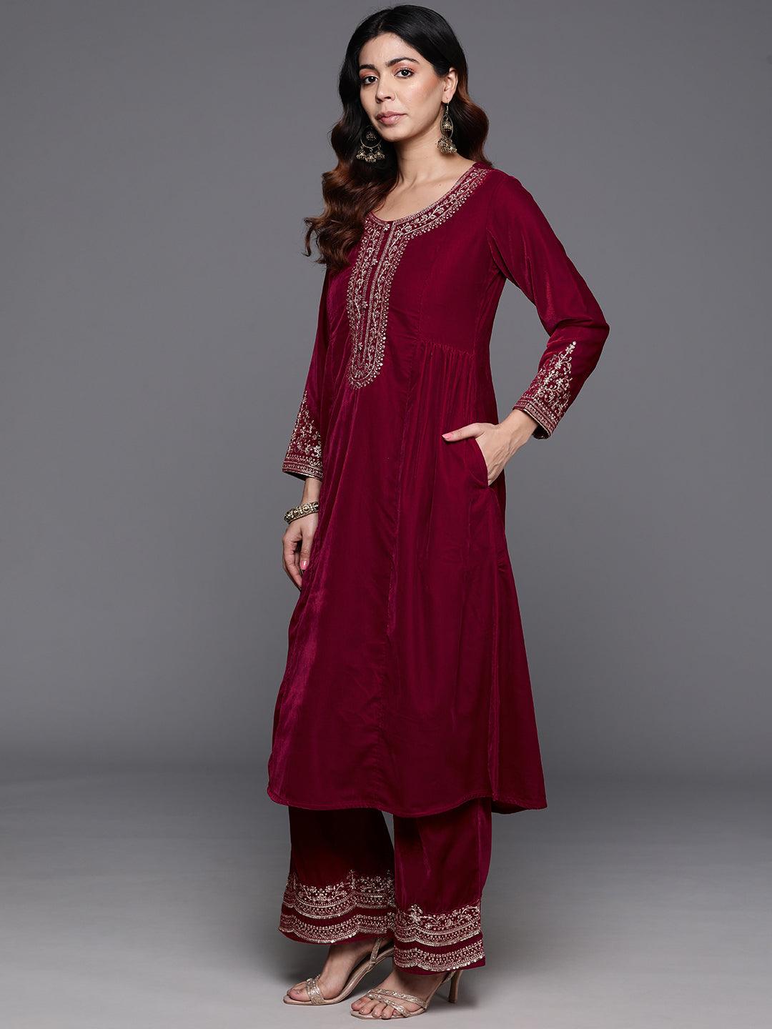 Red Yoke Design Velvet A-Line Kurta With Palazzos & Dupatta - ShopLibas