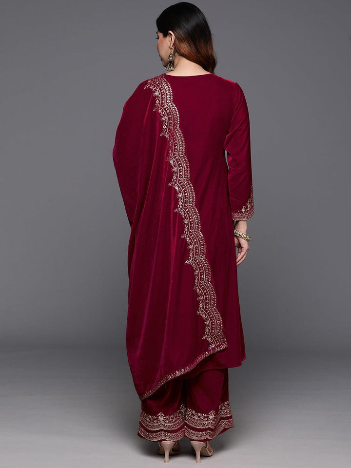 Red Yoke Design Velvet A-Line Kurta With Palazzos & Dupatta - ShopLibas