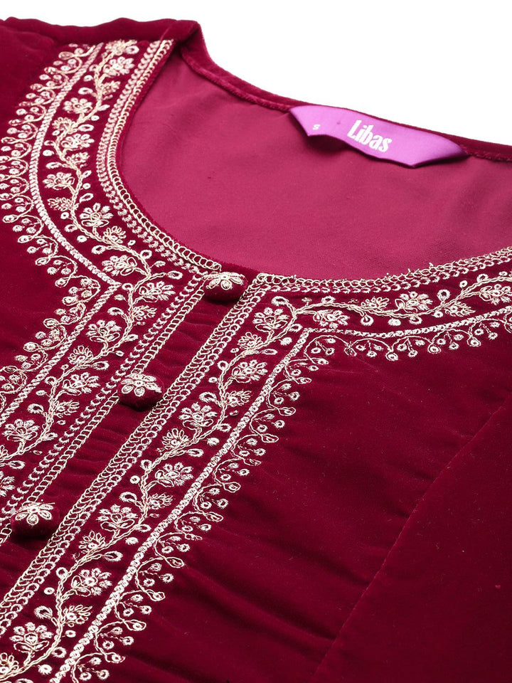 Red Yoke Design Velvet A-Line Kurta With Palazzos & Dupatta - ShopLibas