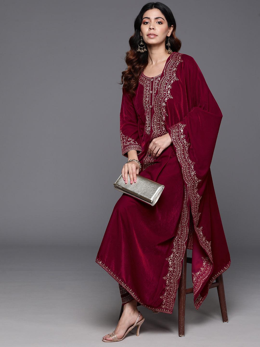 Red Yoke Design Velvet A-Line Kurta With Palazzos & Dupatta - ShopLibas