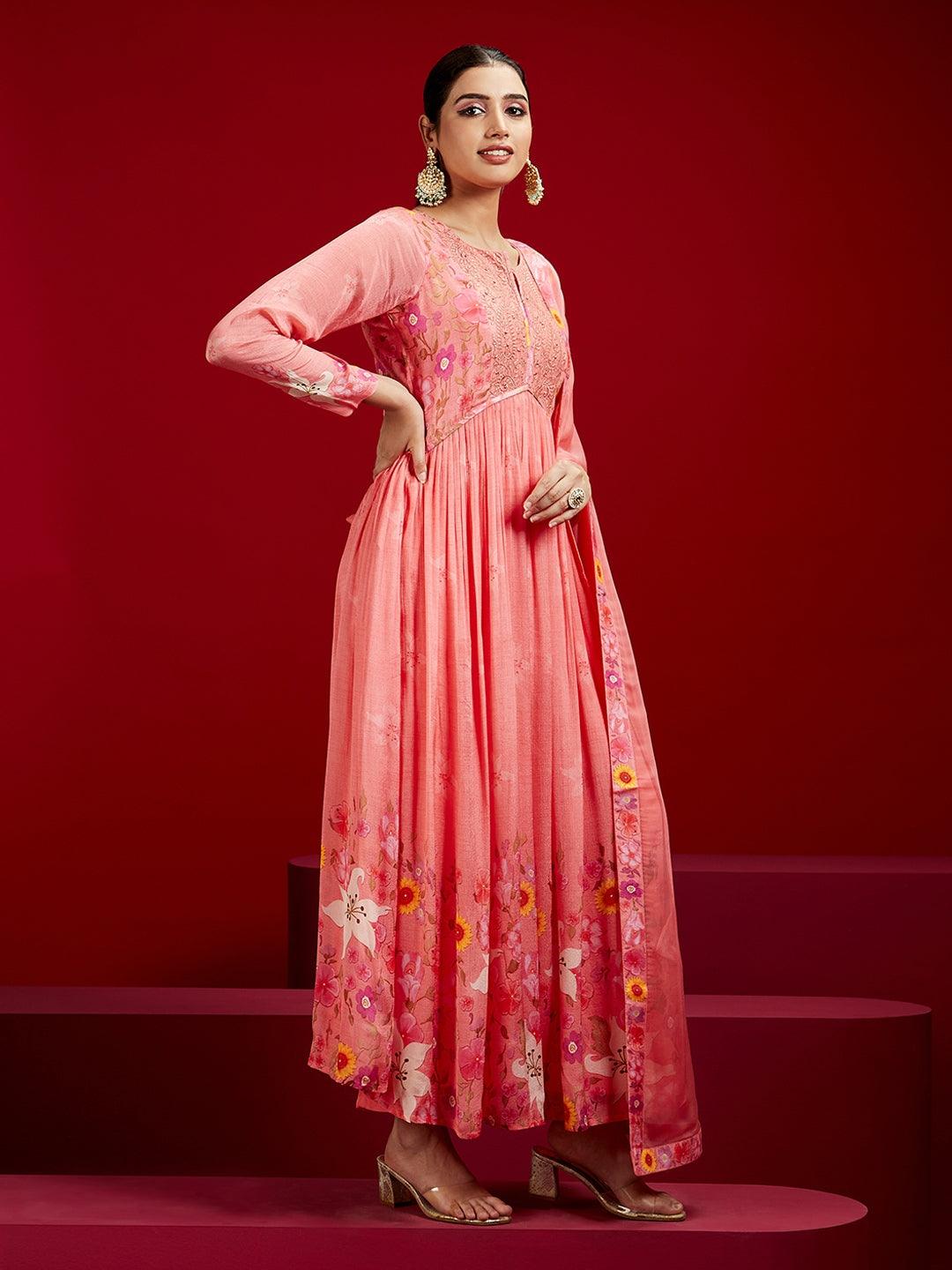 Libas Art Coral Printed Silk Chiffon Anarkali Kurta With Trousers & Dupatta - ShopLibas