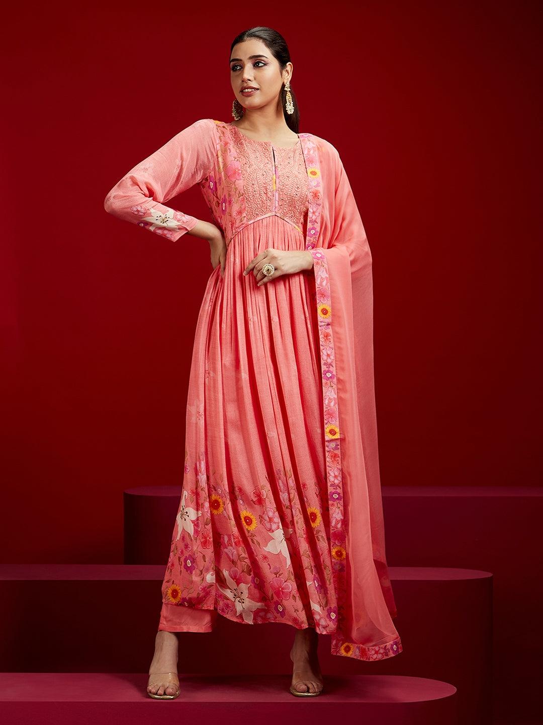 Libas Art Coral Printed Silk Chiffon Anarkali Kurta With Trousers & Dupatta - ShopLibas