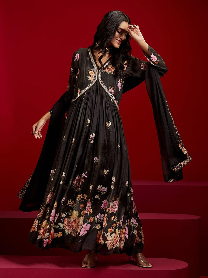 Libas Art Black Printed Silk Chiffon Anarkali Kurta With Trousers & Dupatta - ShopLibas