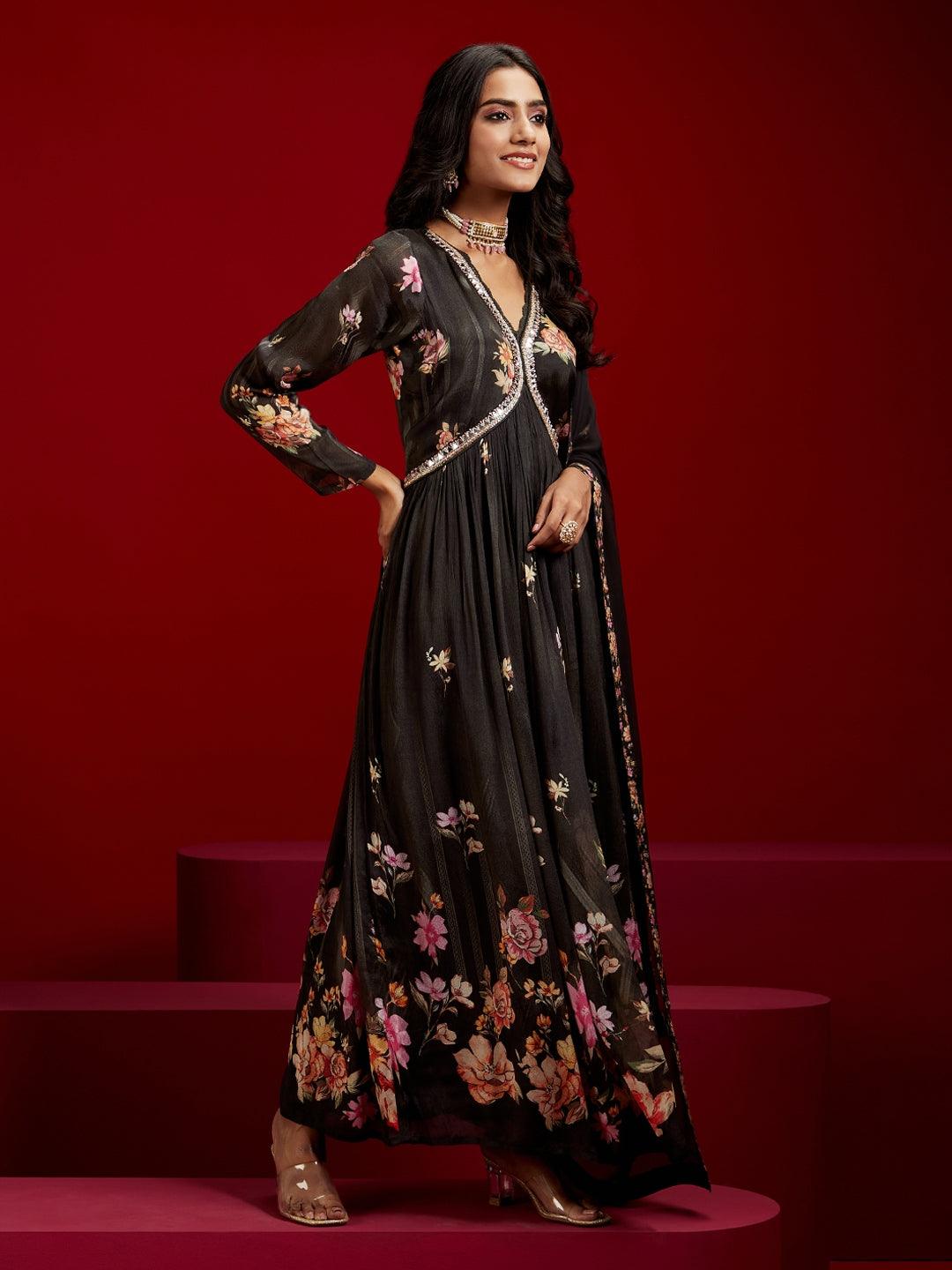 Libas Art Black Printed Silk Chiffon Anarkali Kurta With Trousers & Dupatta - ShopLibas