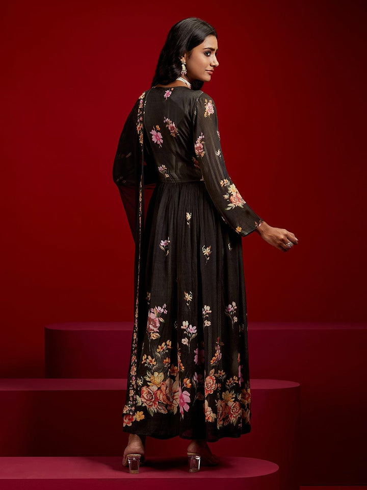 Libas Art Black Printed Silk Chiffon Anarkali Kurta With Trousers & Dupatta - ShopLibas