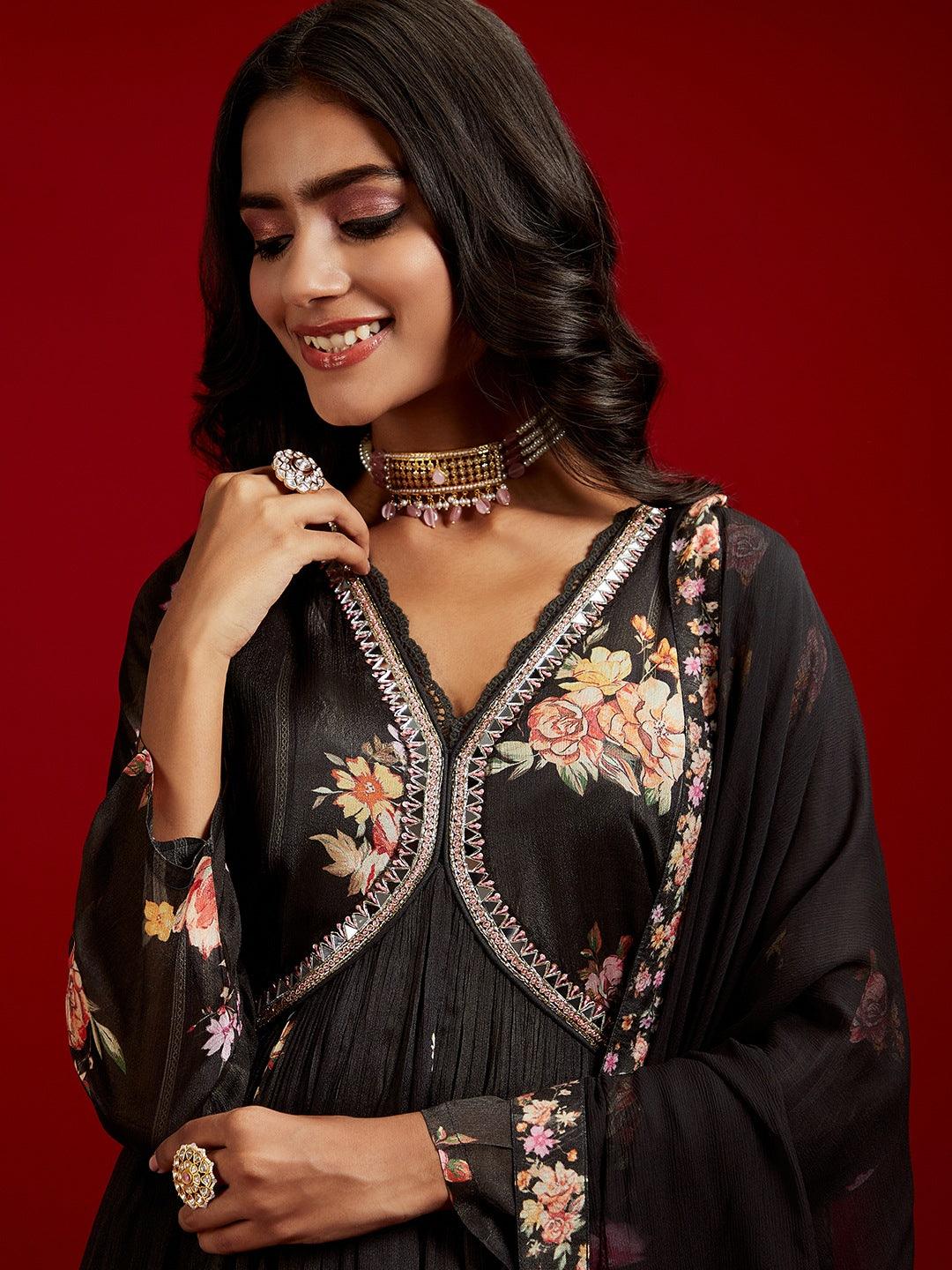 Libas Art Black Printed Silk Chiffon Anarkali Kurta With Trousers & Dupatta - ShopLibas