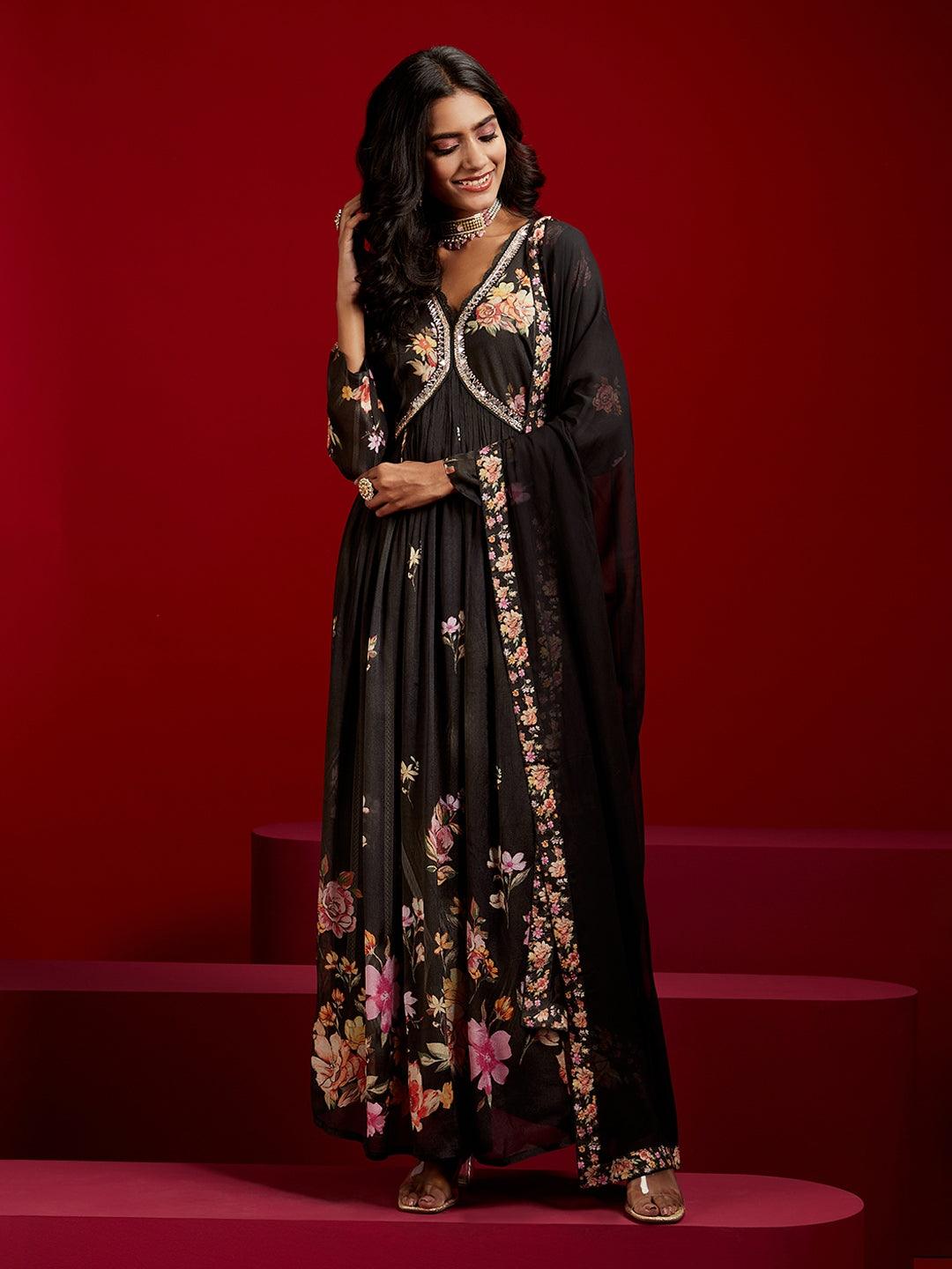 Libas Art Black Printed Silk Chiffon Anarkali Kurta With Trousers & Dupatta - ShopLibas