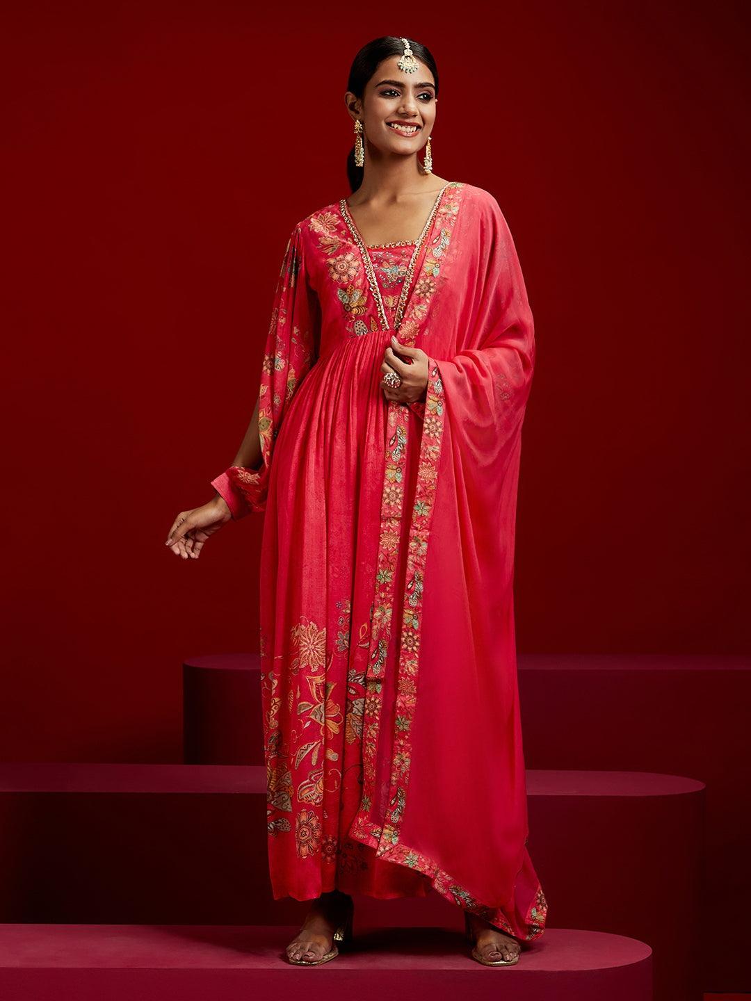 Libas Art Coral Printed Silk Chiffon Anarkali Kurta With Trousers & Dupatta - ShopLibas