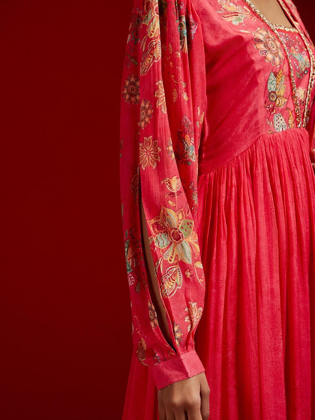 Libas Art Coral Printed Silk Anarkali Suit With Dupatta