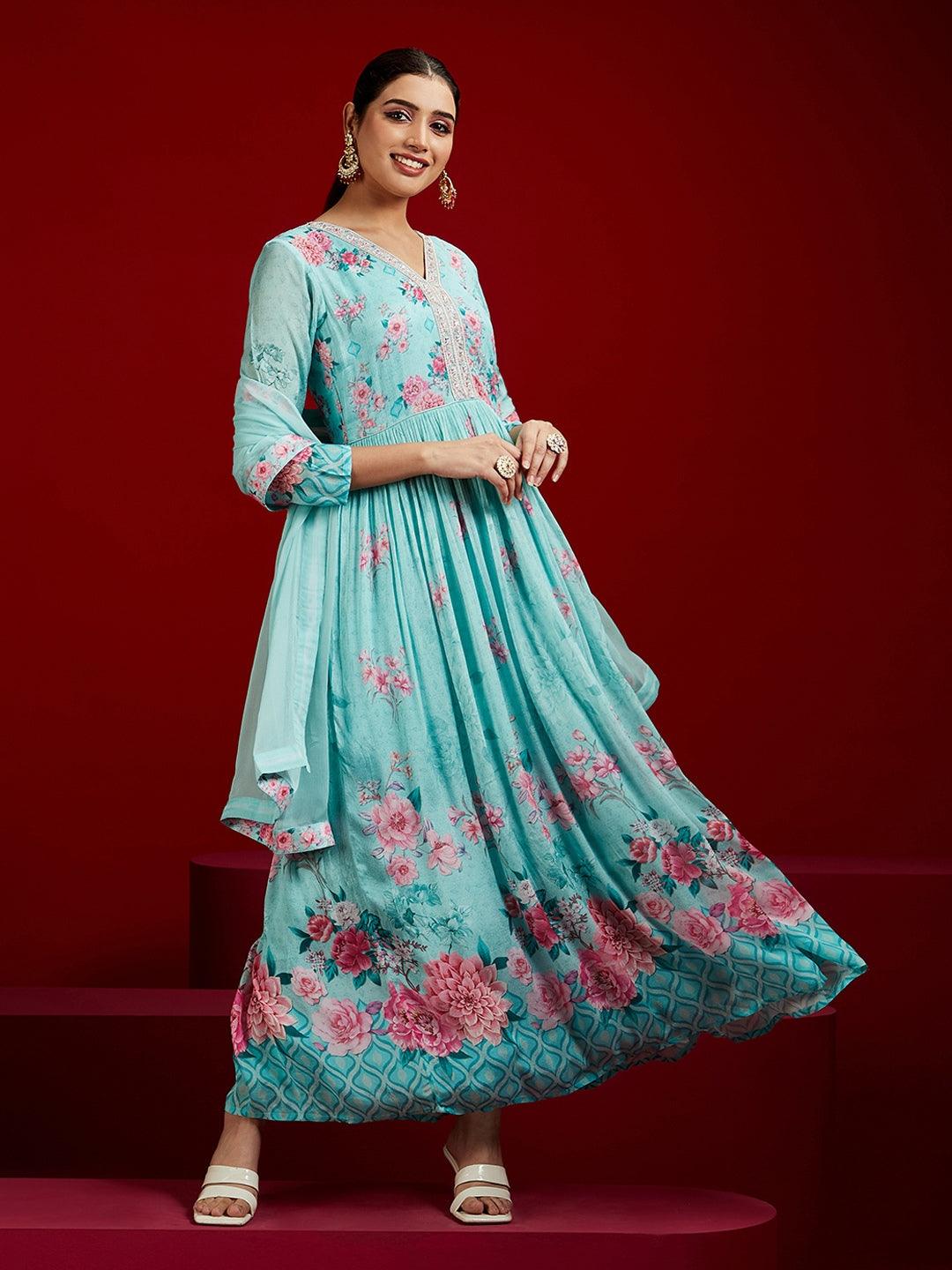 Libas Art Sea Green Printed Silk Chiffon Anarkali Kurta With Trousers & Dupatta - ShopLibas