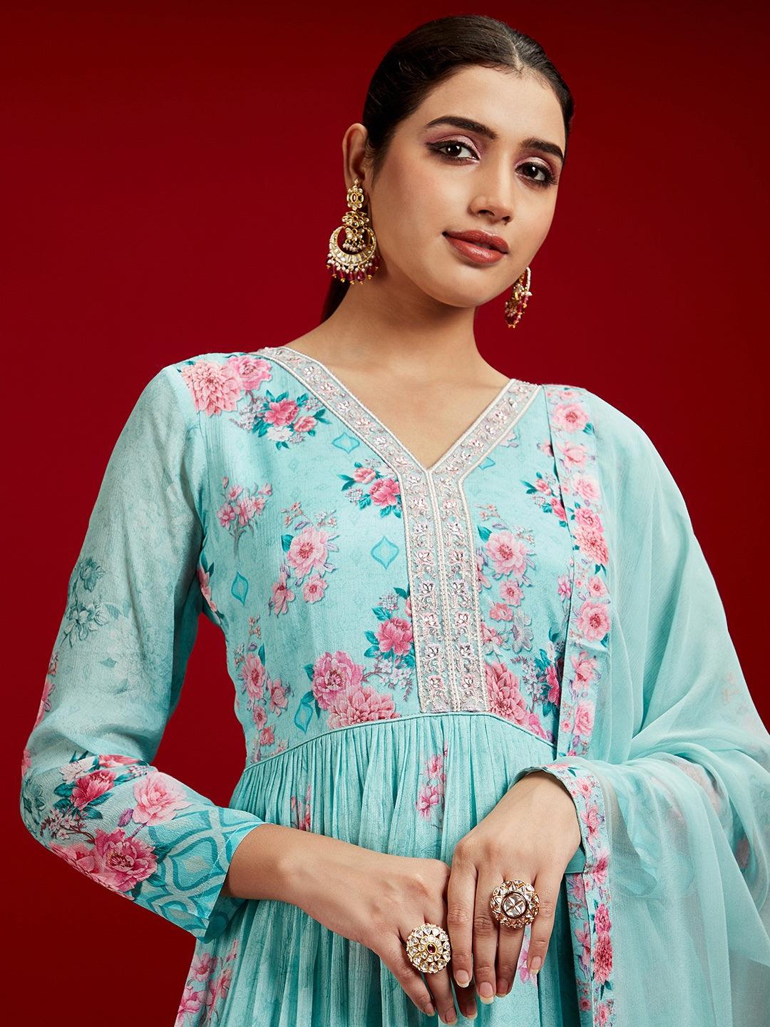 Libas Art Sea Green Printed Silk Chiffon Anarkali Kurta With Trousers & Dupatta - ShopLibas